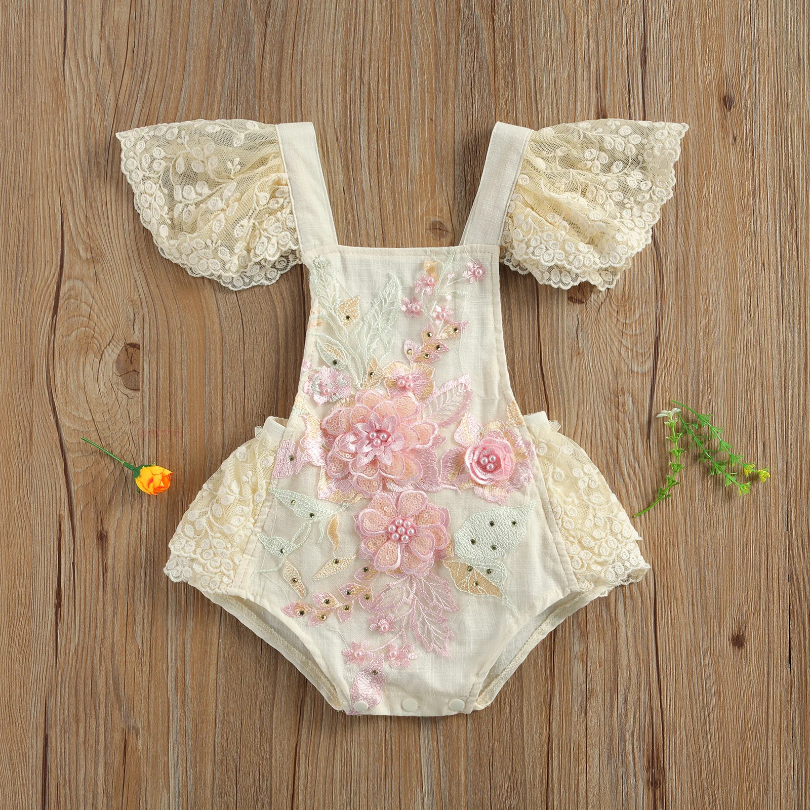 Newborn Baby Girl Crochet Lace Romper Fly Sleeve Square Collar Tie-Up Playsuit for 1st Birthday