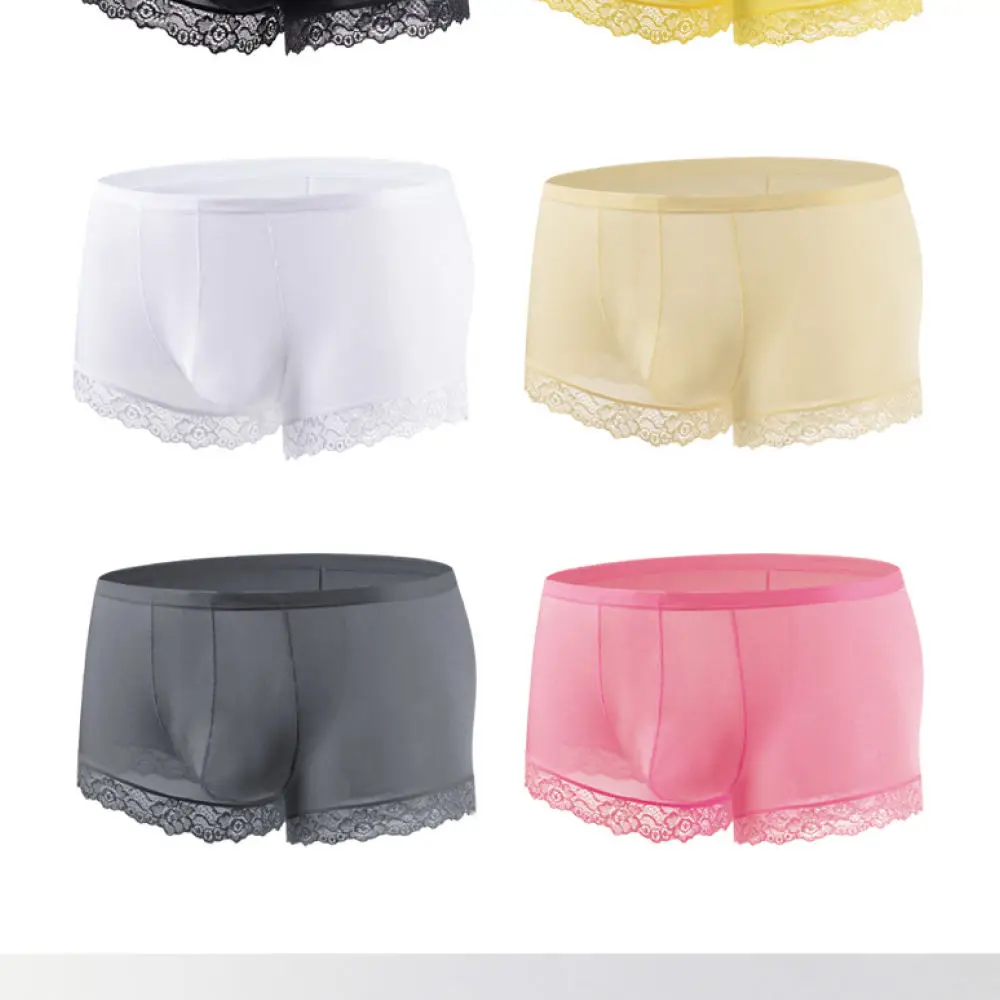 Mens Breathable Boxer Briefs Ice Silk Lace Trim Low Waist Underwear Large Pouch Comfortable Sexy Quick Dry Summer Shorts Trunks