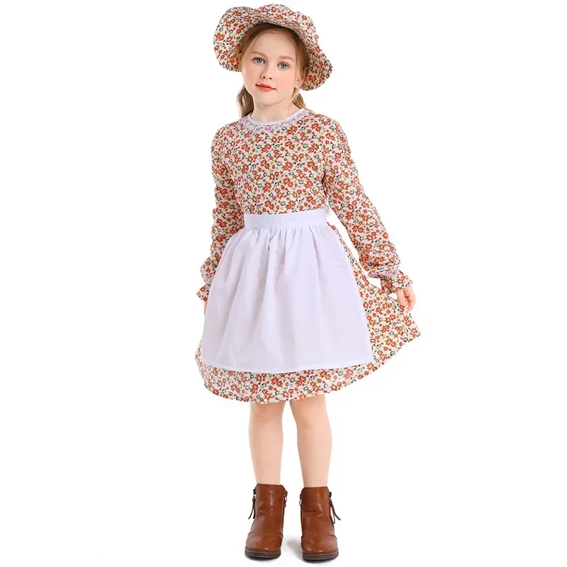 3 pçs/set floral colonial fazenda aldeia menina cosplay traje pioneiro pradaria vestido bonnet crianças meninas 4-16y adolescentes