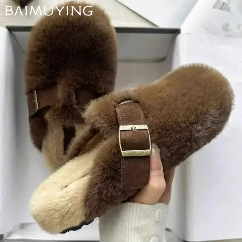 Fluffy Slippers Women Fur Warm Flats Cotton Shoes Woman 2025 Trend Winter Short Plush Mules Shoes Brand Casual Snow Botas Mujer