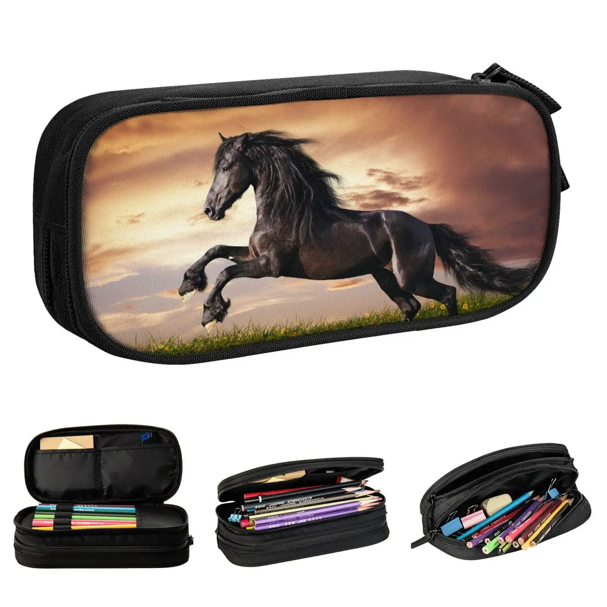 Bellissimo astuccio nero cavallo al galoppo amanti degli animali matite Box penna grande capacità sacchetti di matita materiale scolastico