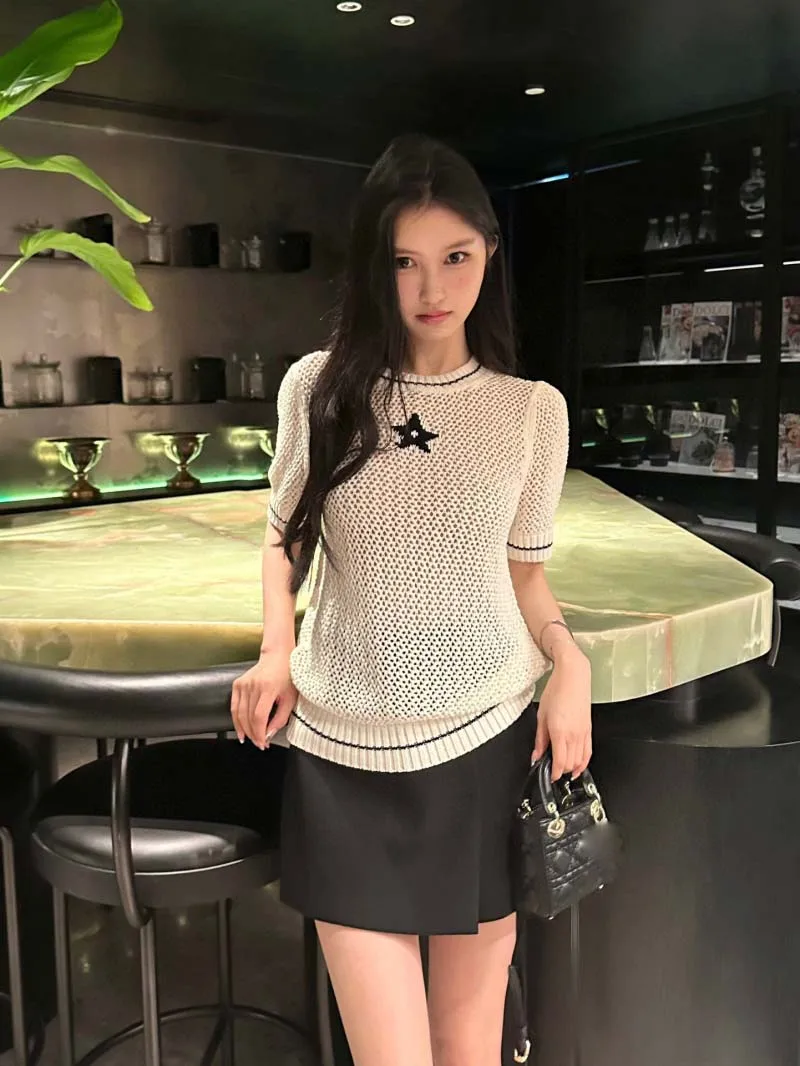 

Girls' style women's sweater fashionable, age reducing, versatile, slimming, five pointed star knitted hollow bottom sweater