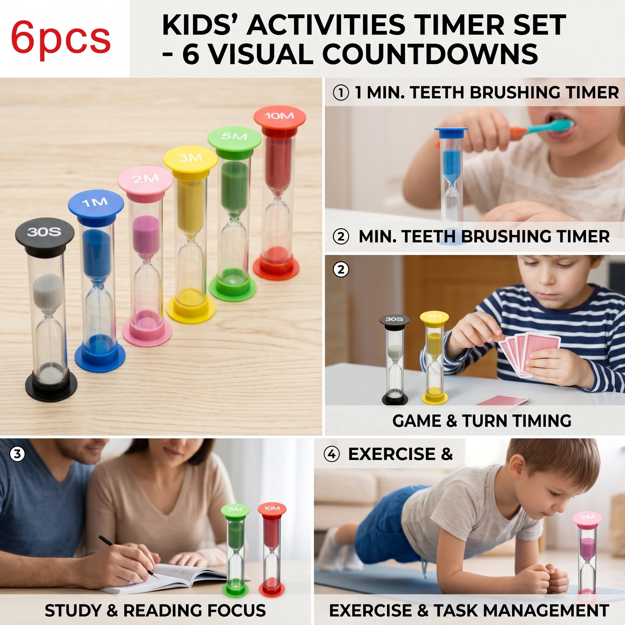 6Pcs Sand Timer Plastic Hourglass Timer Colorful Sandglass Hourglass Small 30sec/1min/2mins/3mins/5mins/10mins Sand Clock Timer image 5