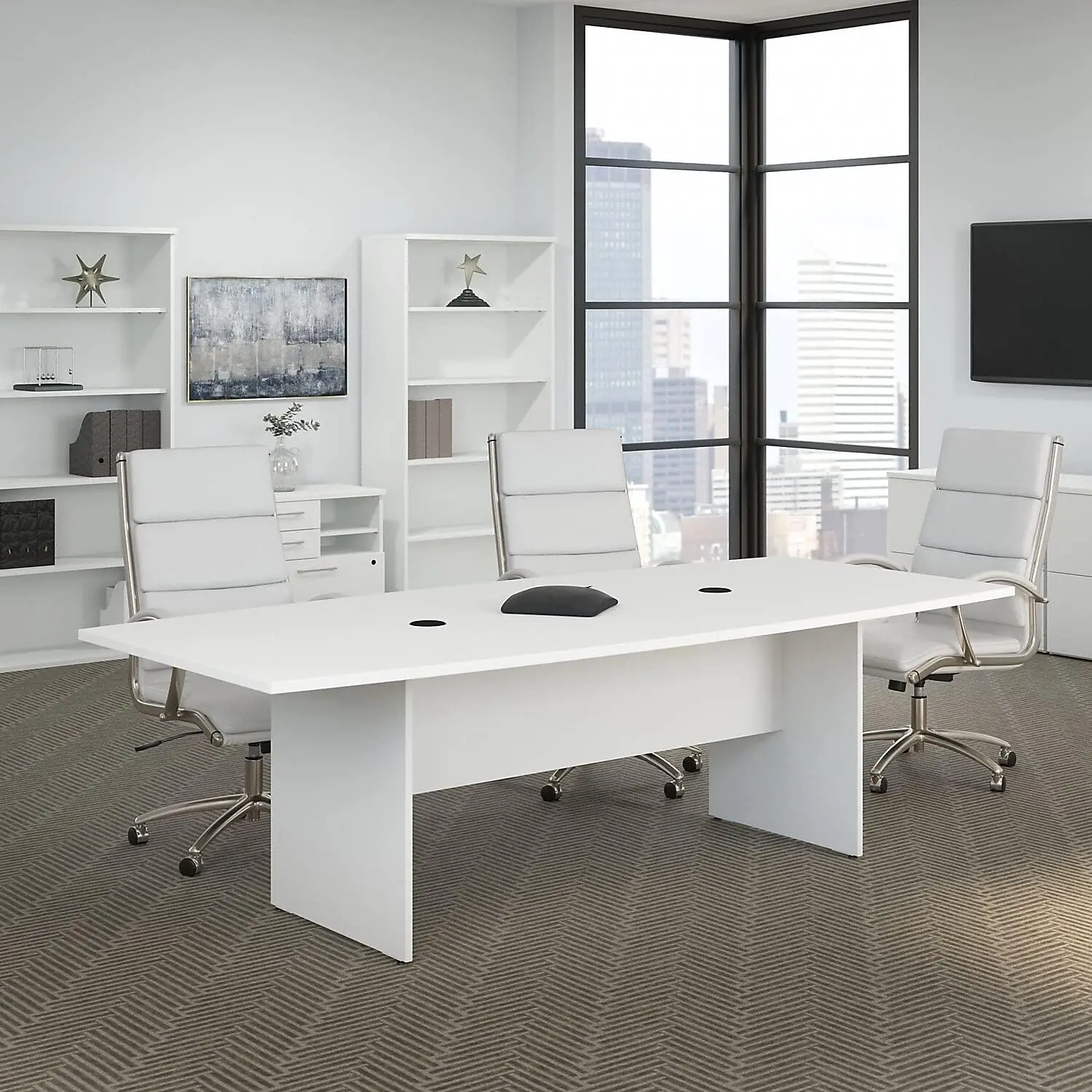 Conference Table for 6-8 People with Wood Base in White  Boat Shaped 8 Foot Desk for Office Boardrooms and Training Rooms