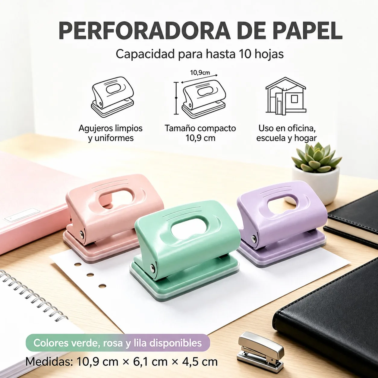 Perforatrice à 2 trous pour bureau et école, capacité de 10 feuilles, conception ergonomique en métal et plastique, taille compacte de 10,9 x 6,1 x 4,5 cm, couleurs pastel