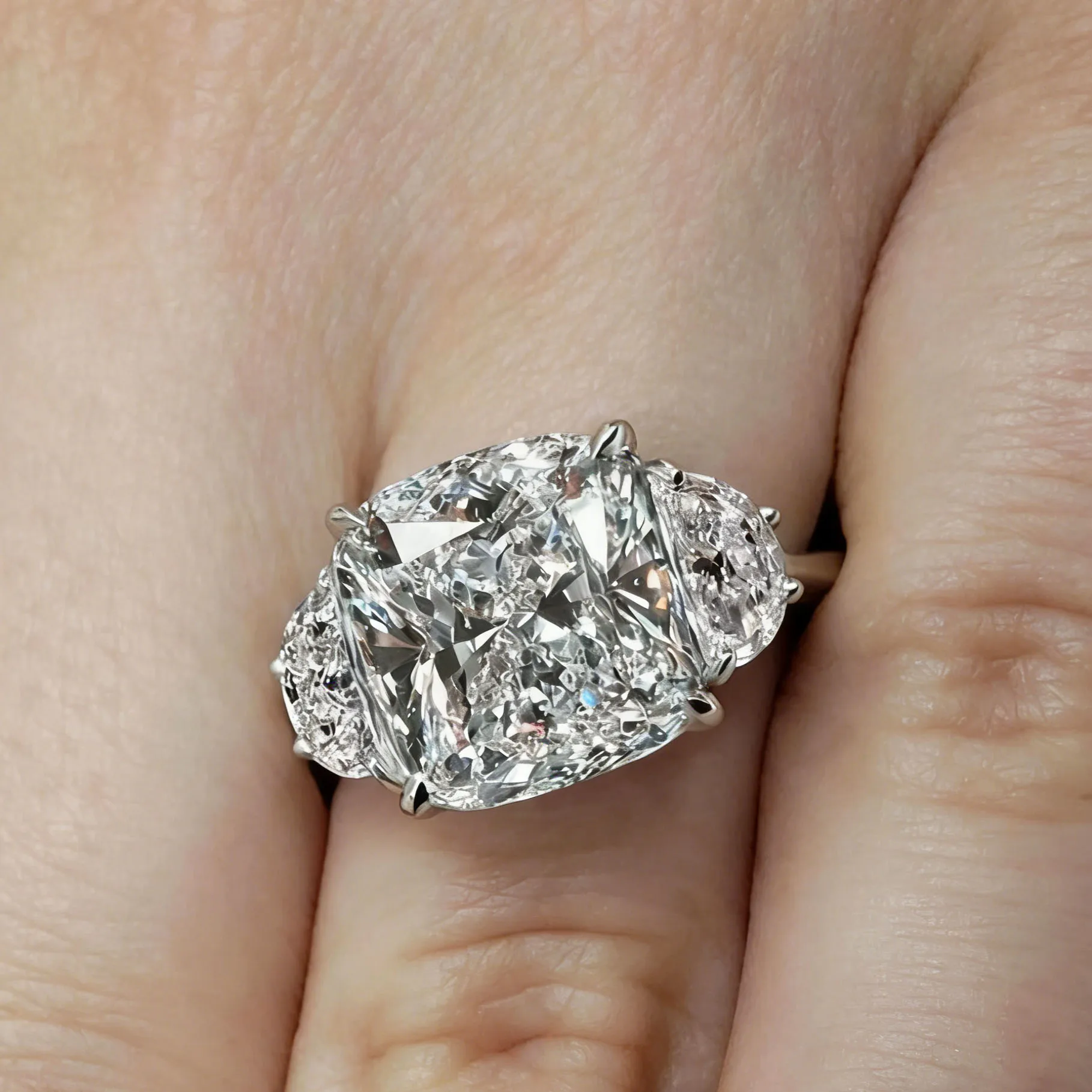 

Кольца для женщин из платины 950 пробы с тремя камнями: 5-каратный основной камень квадратной формы с огранкой «кушон», выращенный в лаборатории бриллиант EF VS-VVS.