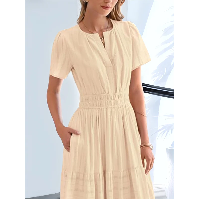 ASDS - Damskie Letnie Sukienki Midi Maxi Casual Lekkie Krótkie Rękawy Dekolt V Elastyczna Talia Sukienka Boho Plażowa Kieszenie