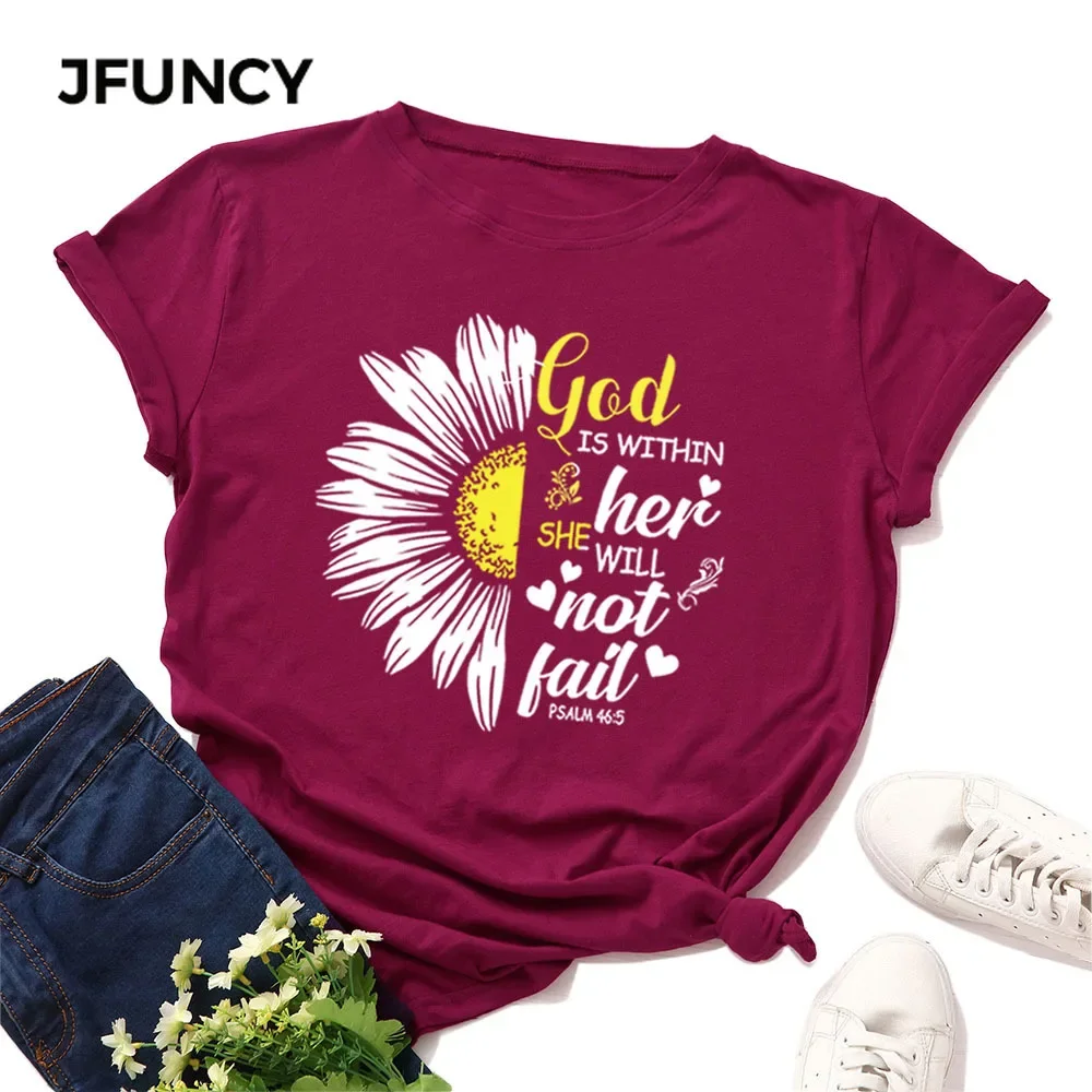 JFUNCY Summer T-shirt Women Cotton T Shirt New Sunflower Printed Tshirt Short Sleeve Loose Woman Tops Female Tee Shirts