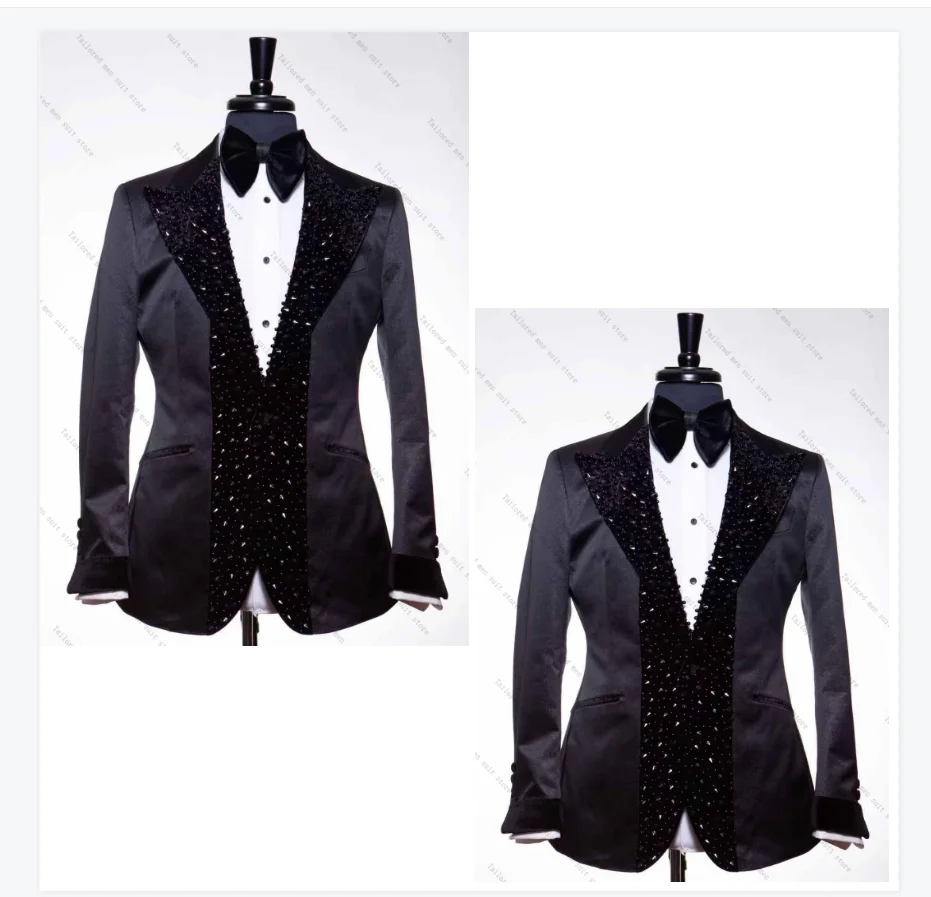 

Black Crystals Men Suits Set 2 Pieces Blazer+Pants Trousers Wedding Tuxedos Jacket Formal Office Business Groom Male Coat