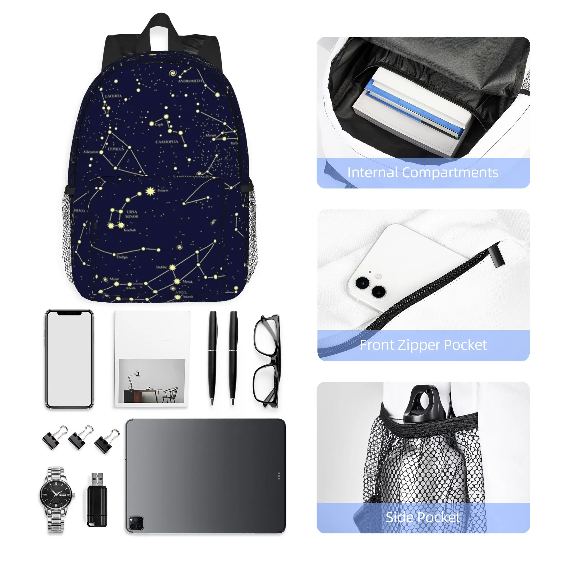 Night Sky Golden Celestial Stars Zodiac Constellations Backpack Hot Sale Daypack BookBag Shoulder Bags for Men Women School Bag