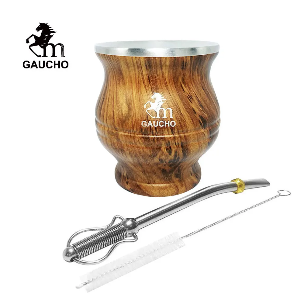 1 Set/Lot Gaucho Yerba Mate Gourds Cup Stainless 6 OZ Double Wall Heat Insulation With Removable Filter Straw & Cleaning Brush