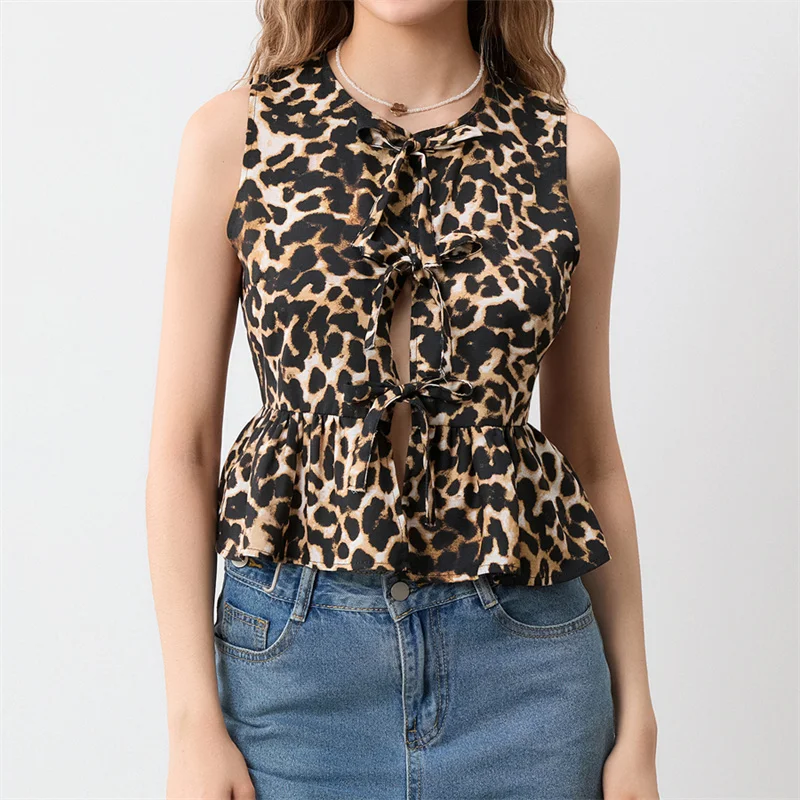 Fashion Leopard Print Tie Front Vest for Women Y2k Cheetah Print Peplum Tank Top Ruffle Hem Sleeveless Going Out Wear