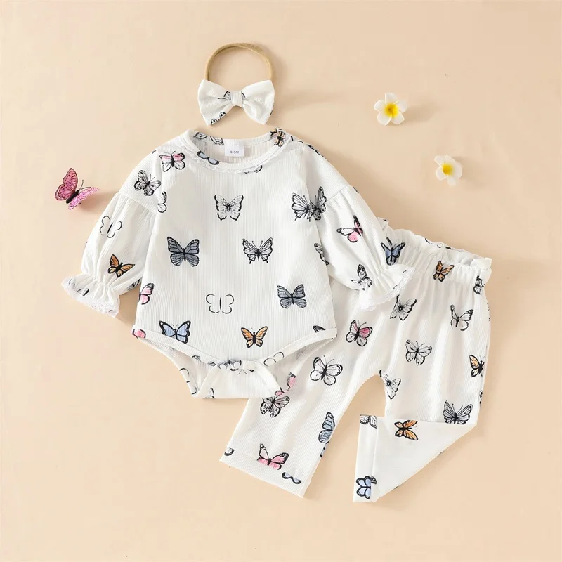 

Suefunskry Baby Girl Fall Outfit, Butterfly Print Lace Trim Ruffled Long Sleeve Romper Elastic Waist Pants Bow Headband 3Pcs Set