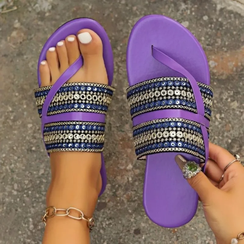 Women Sandals Bohemian Style Flats Slippers Summer Woman Open Toe Purple in Colour Beach Slides Flip Flops Ladies Shoes on Sale