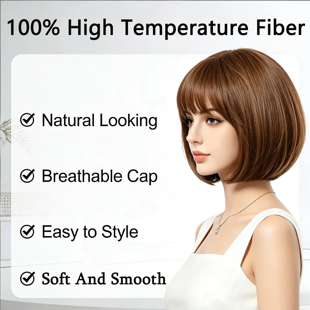 Short Gradient Brown Bob Wig With Bangs Natural Looking Straight Bob Wigs For Women Heat Resistant Synthetic Hair Daily Use