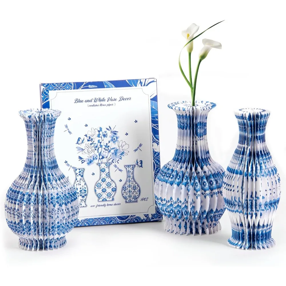 

3 blue and white honeycomb paper vases, mini Chinese retro paper vases with magnetic sealing