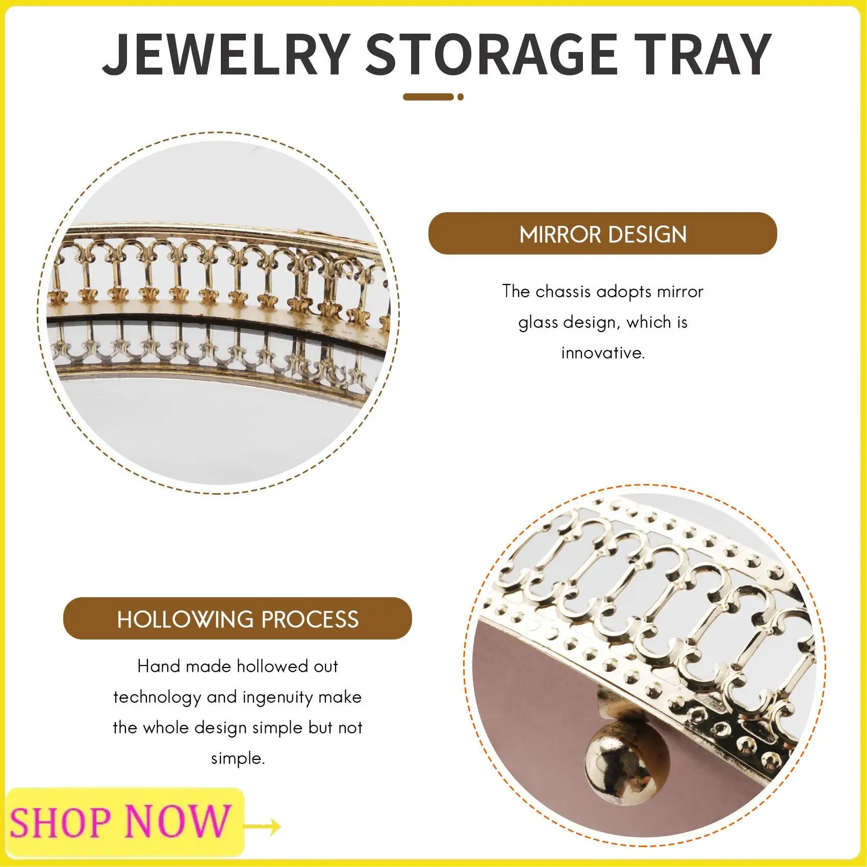

Especial Golden Iron Jewelry Storage Tray Glass Mirror Makeup Manager Desktop Cosmetic Dessert Decorative Display Tray