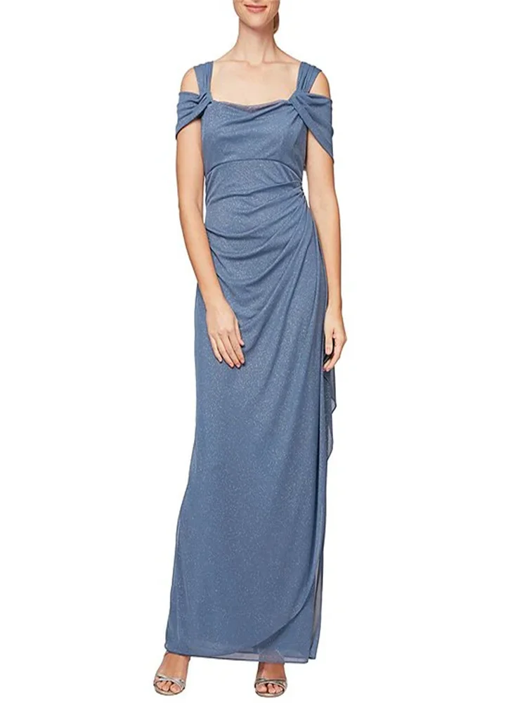 

Customized Glitter Tulle Cold Shoulder Hood Sleeve Side Seamless Pleated Mom Dress Off-shoulder Hood Sleeve Draped Dress