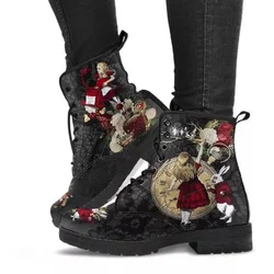 Printed Women Boots New Autumn Winter Large Size Leather Boots Women Shoes Fashion Lace Up Platform Boots Halloween Shoes
