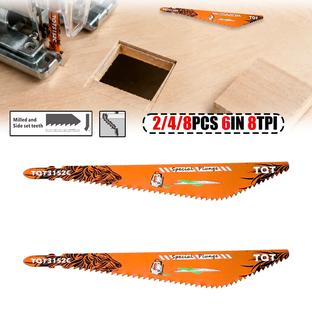 2/4/8pcs Jigsaw Blade for Wood, 152mm 3mm Tooth Pitch Rough Cutting Blade, Square Hole Cutting Saw Blade for Fast Wood Cutting