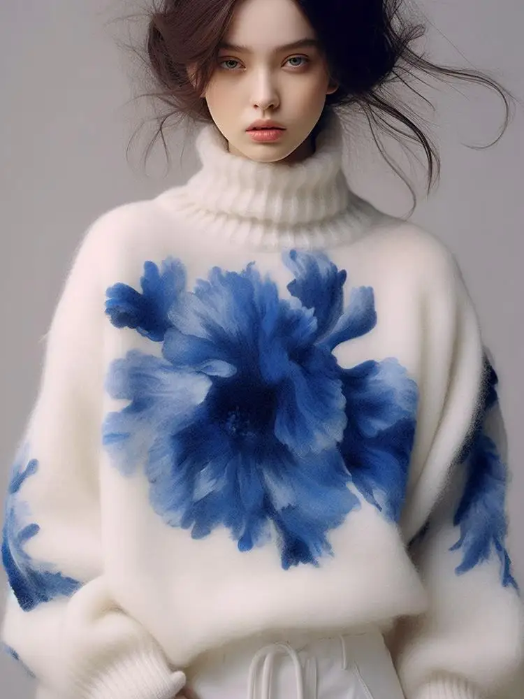 

Oule Winter High Collar Blue White Floral Print Women's Knitted Sweater Long Sve Regular Fit Commute Sle Chinese Production