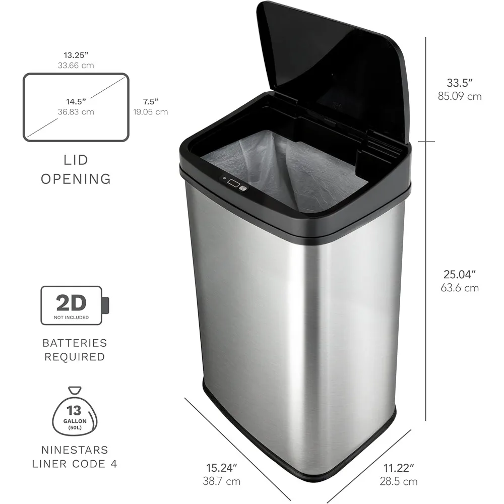 Automatic Touchless Infrared Motion Sensor Trash Can, 13 Gal Stainless Steel with Black Lid