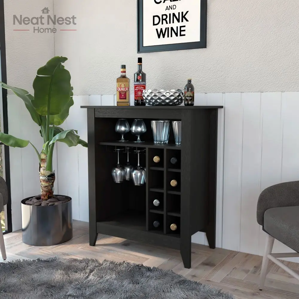 

Six wine cubbies,1-Drawer 1-Shelf Bar Cabinet Black , Sturdy Bar Furniture,Black wengue finish cabinet,Extra Space for Glassware