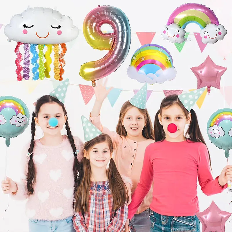 10 Pcs Rainbow Cloud Balloons Set 32inch Digit 1-9 Years Old Kids Birthday Party Decorations Baby Shower Wedding Foil Balloons