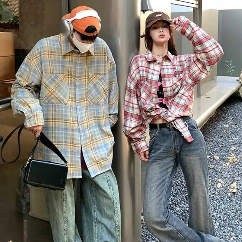 

Retro Color Block Plaid Long Sleeve Shirt Casual Loose Unisex Spring Autumn Trendy American Style Versatile Couple's Shirt Coat