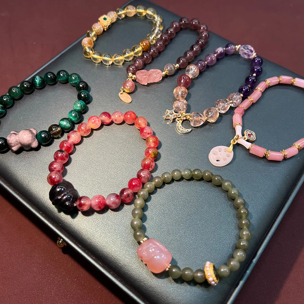 Bracelet natural green tiger eye jadeite yellow amethyst transfer fairy energy powder crystal peach blossom stacked wearing safe
