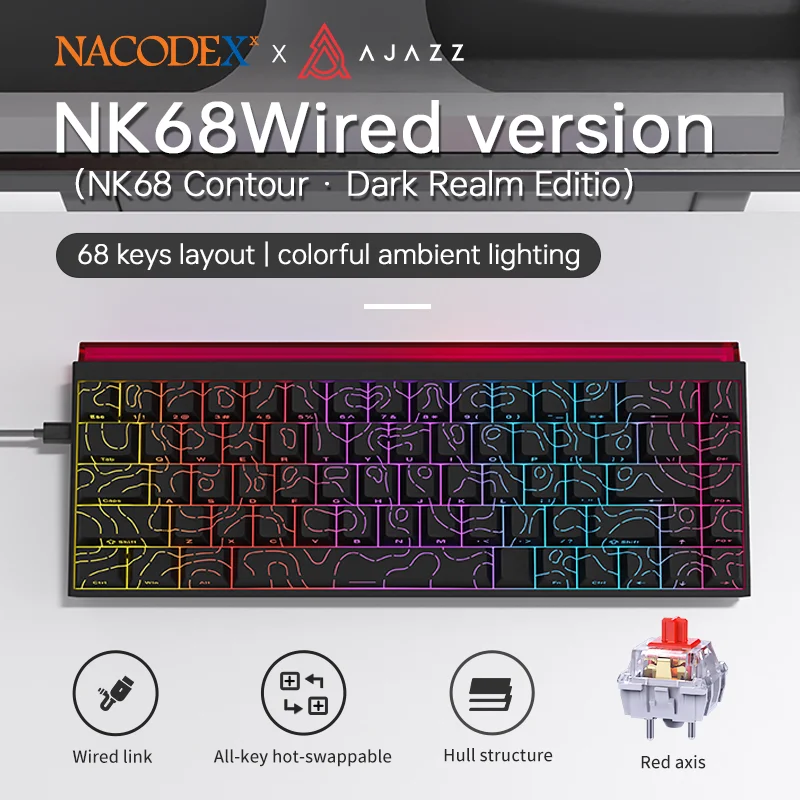 AJAZZ NK68 Gaming Mechanisch Toetsenbord Rode schakelaars Hot-swappable Briljante lichteffecten 68% compacte opstelling