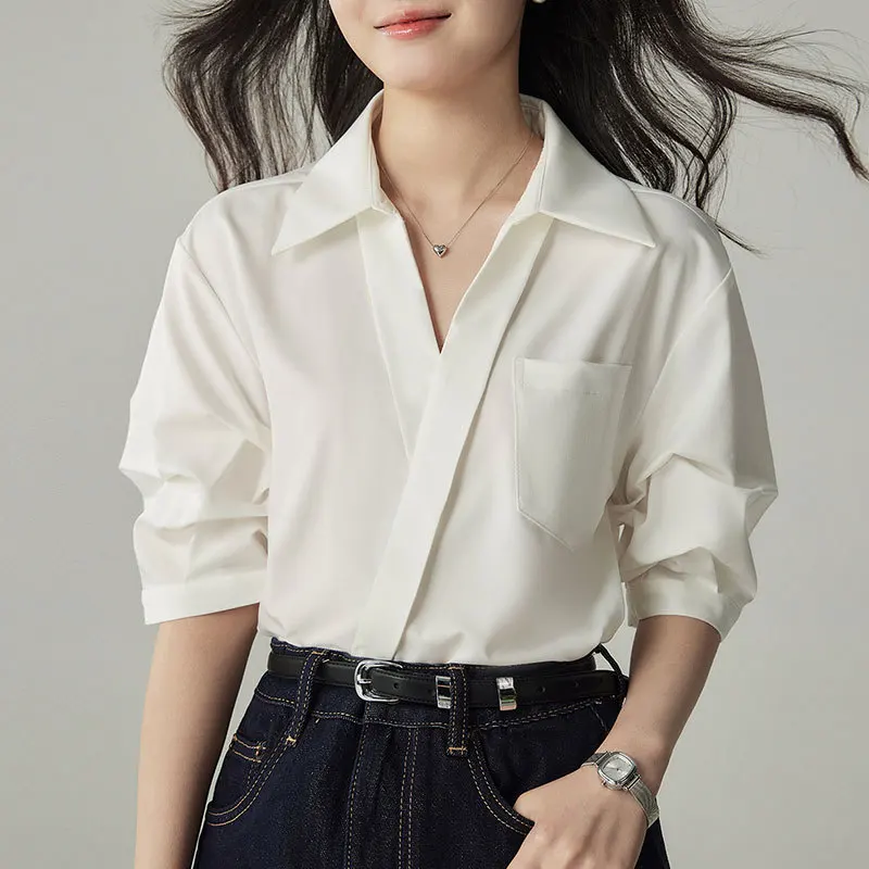 

French Style V-neck Shirt with Charm and Youthful Look