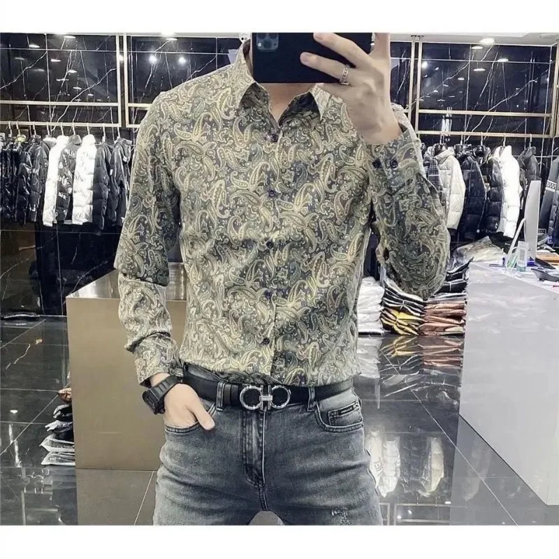 2023 Spring and Autumn New Men\'s Fashion Trendy Printed Shirt Slim Square Collar Contrast Color Long Sleeve Button Cardigan Tops