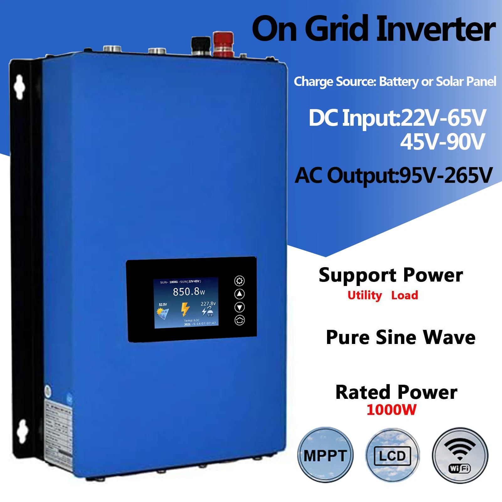 TINGEN 1000W Solar Grid Tie Inverter DC Input 22V-65V/45V-90V AC Output 95V-265V Auto Switch Solar Power Grid Tie