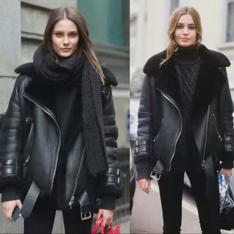 Jaket Kulit Hangat Tebal Terintegrasi Bulu Domba Model Lokomotif Sabuk Longgar Versi Korea Wanita