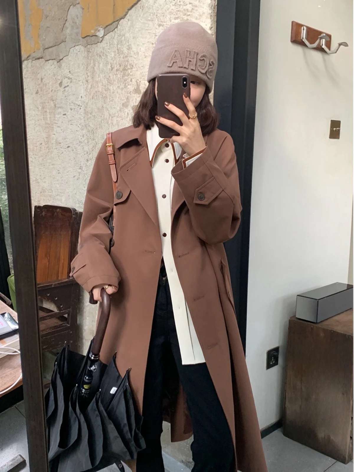 

Classic 90s Trench Coat Sle Windbreaker Matte Texture Long Sve Midi Length Double Breasted Polyester Fiber Women's Coat