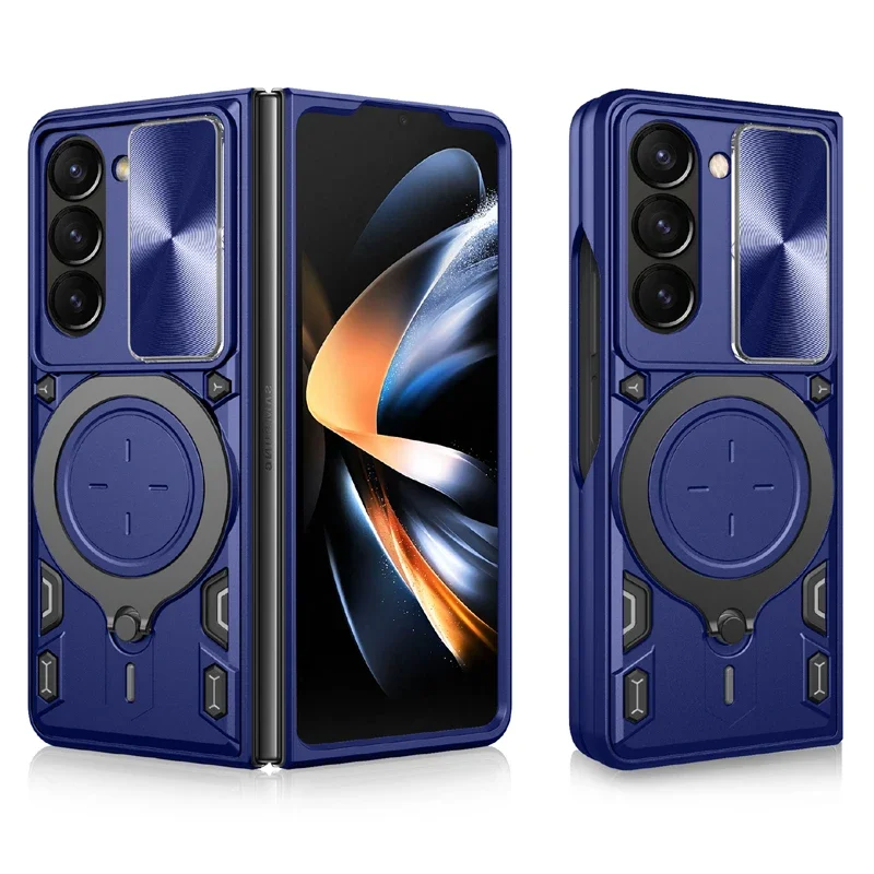 Luxuriöse Handyhülle mit magnetischem Ständer für Samsung Galaxy Z Fold 7, 4, 5, 6, stoßfest, 360° °   Schutzhüllen für die hintere Abdeckung des Rotationsringhalters