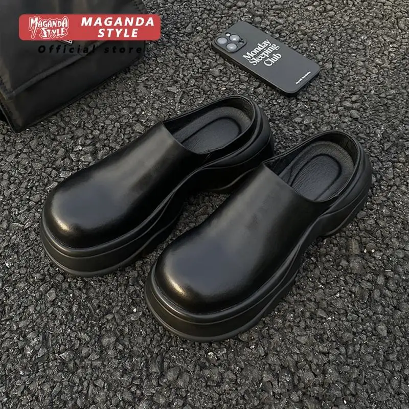 Bread leather slippers for men with a height increase of 6cm small stature without heels mules in black simple and casual