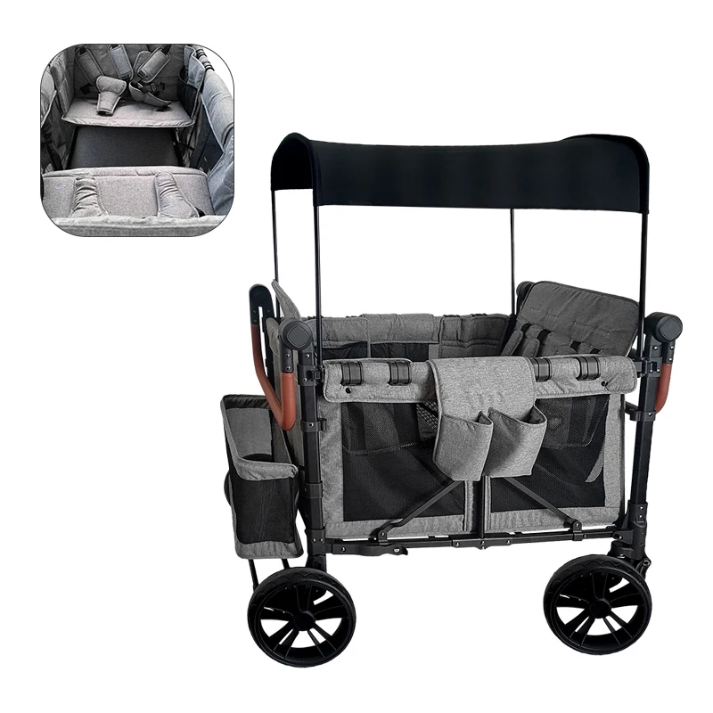 2022 Customize Multi-Function 2 Passenger Push Adjustable & Removable Canopy Folding Stroller Wagon