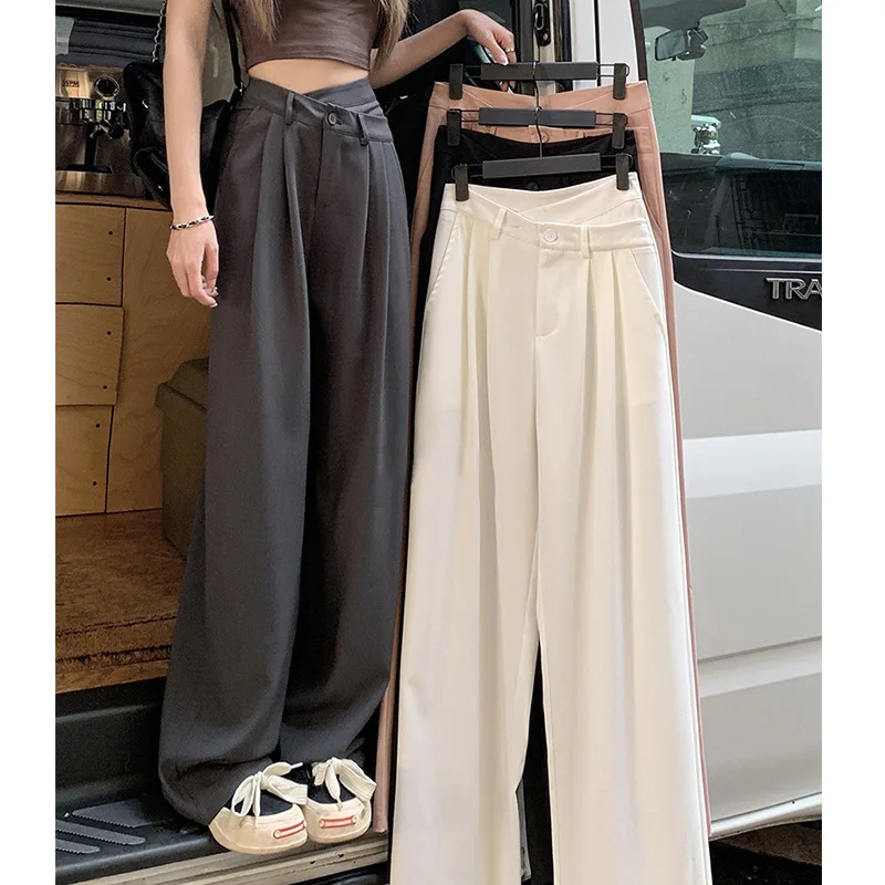 

Женские повседневные брюки с широкими штанинами, струящиеся, из костюмной ткани, с высокой талией, стройнящие, длинные, летние, модные, 2023 года