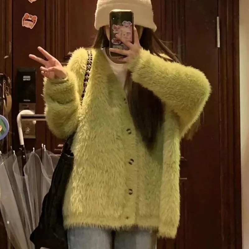 Avocado Green Super Fairy Cardigan Sweater Female Slouchy Long Sleeve Solid Japanese Vintage Knitted Cardigan Sweater Female