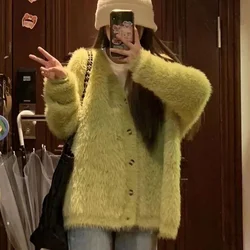 Avocado Green Super bajkowe swetry rozpinane damskie Slouchy z długim rękawem solidne japońskie Vintage sweter dziergany sweter żeński