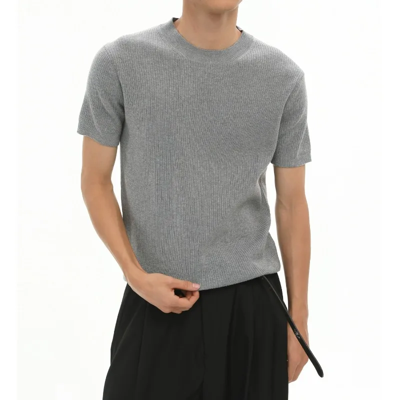 Men's Vertical Striped Old Money Wind Round Neck Pullover Knitted Short Casual Short Sleeves Versatile Solid Color