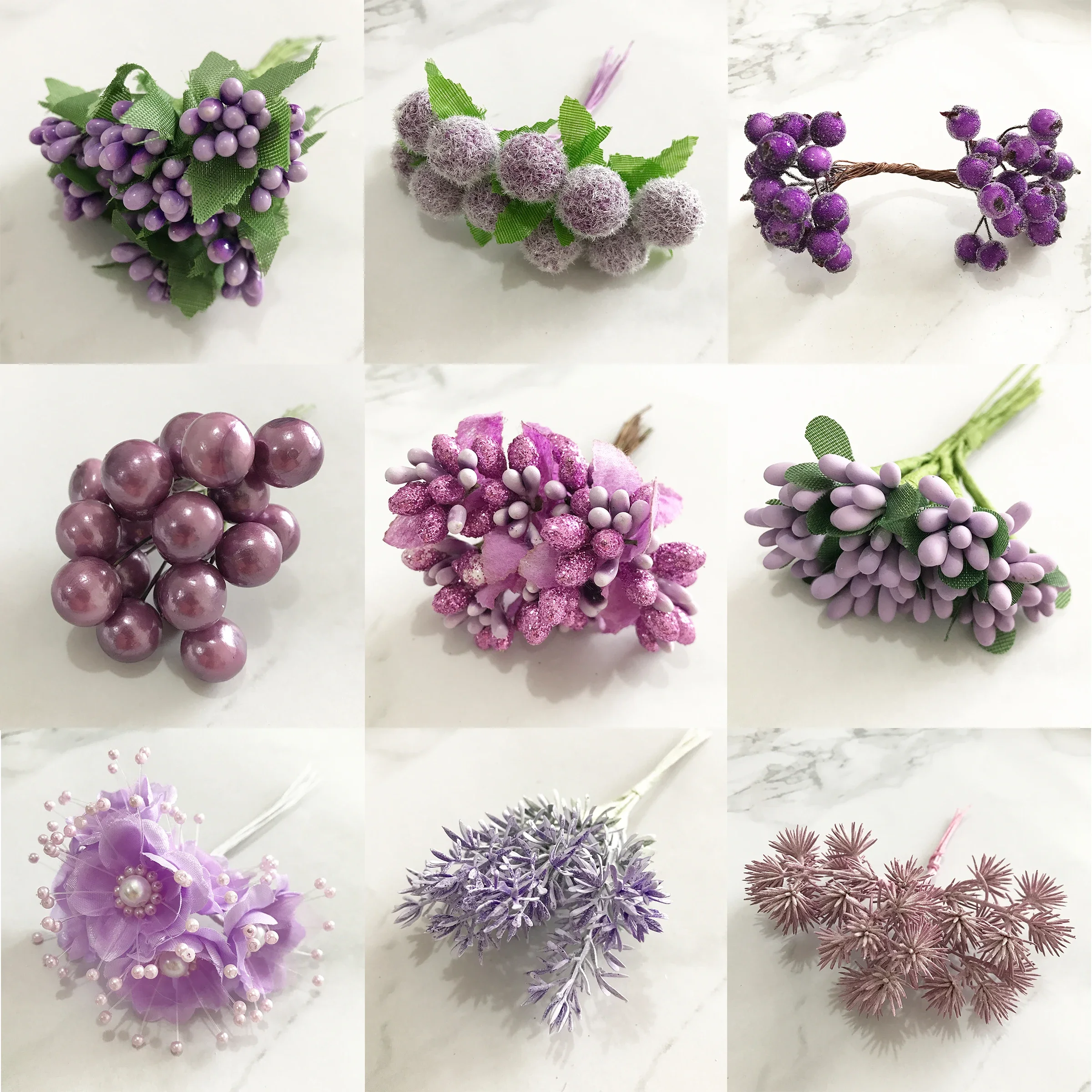 6/8/10/12/50/70/90pcs Mix Purple Flower Cherry Stamen Berries Bundle DIY Christmas Wedding Cake Gift Box Wreaths Decor