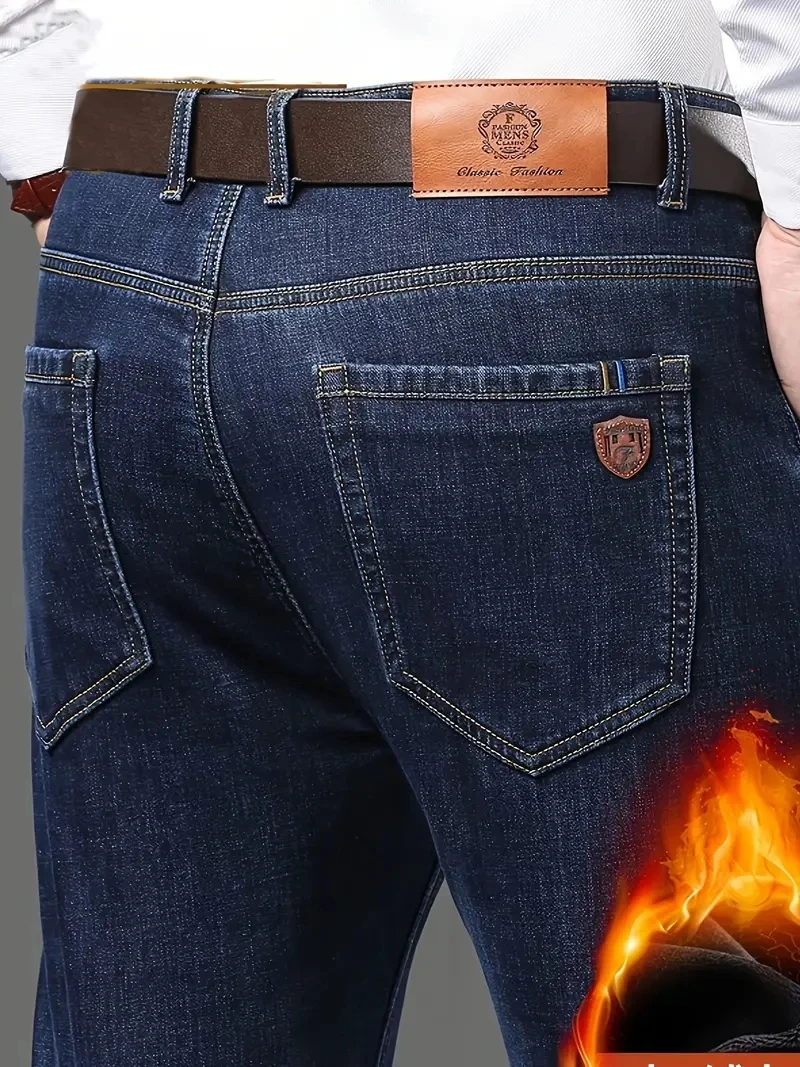 

2025 Winter New Men's Fleece Warm Jeans Classic Style Business Casual Thicken Regular Fit Denim Pants Black Blue Brand Trousers