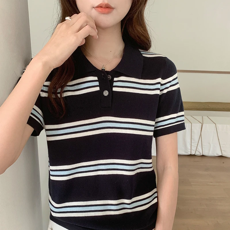 Polo Collar Striped Knitted Shirt Short Sleeved Women's Summer Front Shoulder Loose Slimming T-shirt Korean Casual Versatile Top