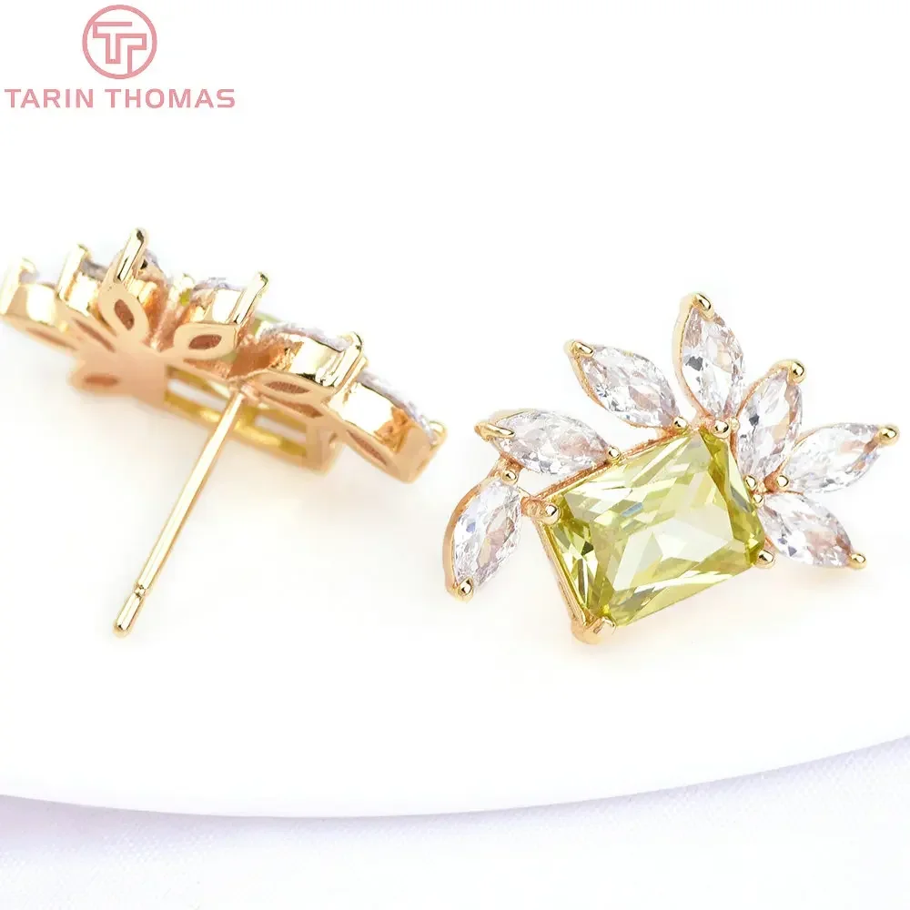 (6368) 2PCS 13x19MM 24K Gold Color Brass with Zircon Leaf Shaped Stud Earring Diy Jewelry Findings Jewelry Accessories Wholesale