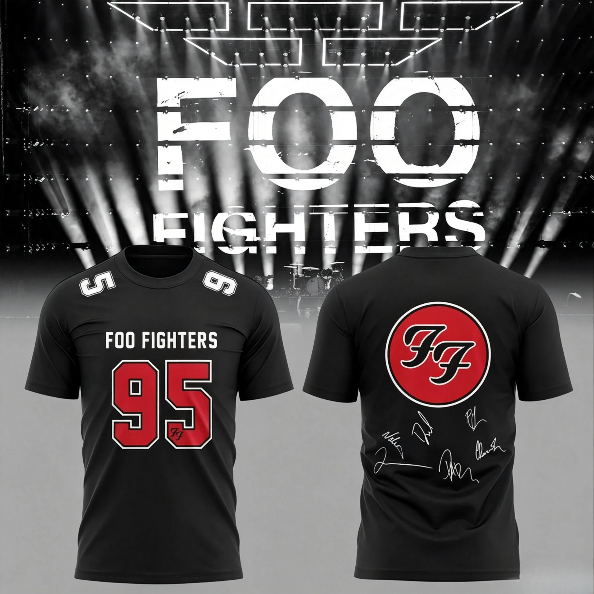 Foo Fighters 95 Number Signature Jersey T-shirt Double Sided Print Rock Band Concert Tour Merch Cotton Short Sleeve Men Vintage