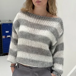Elegant Striped Printed Loose Sweaters 2024 Autumn Women Fashion O-neck Knitted Tops Winter Casual Long Sleeve Pullover Sweaters