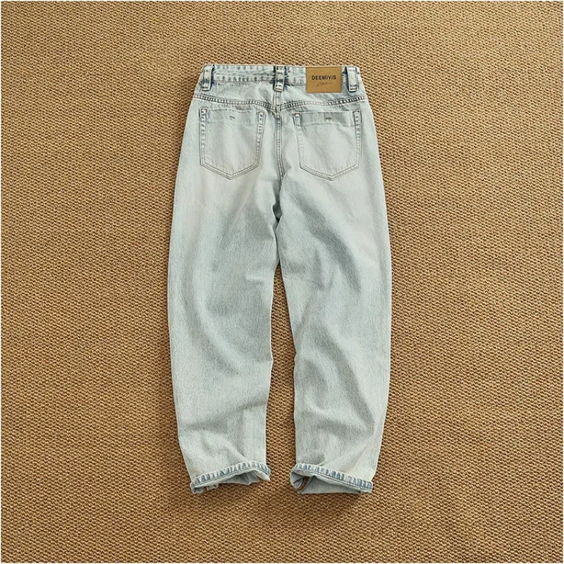 Celana Denim Bay Wash Retro Biru Muda Tren High Street Pria Tren Jeans Vintage Musim Panas Baru Robek